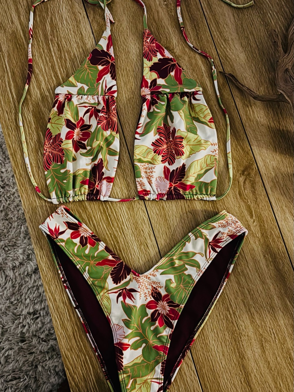 Floral Halter Bikini Set in Green & Red